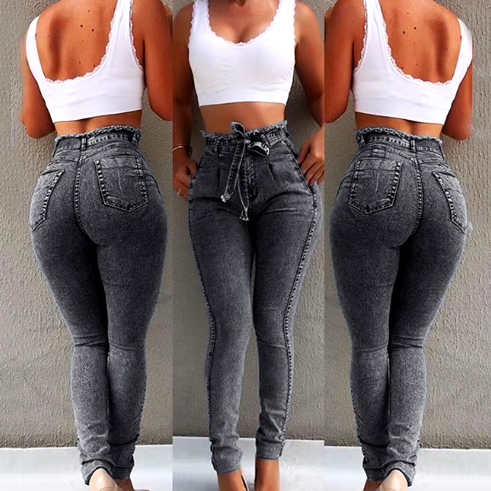 Fashion Belted High Waist Skinny Jeans